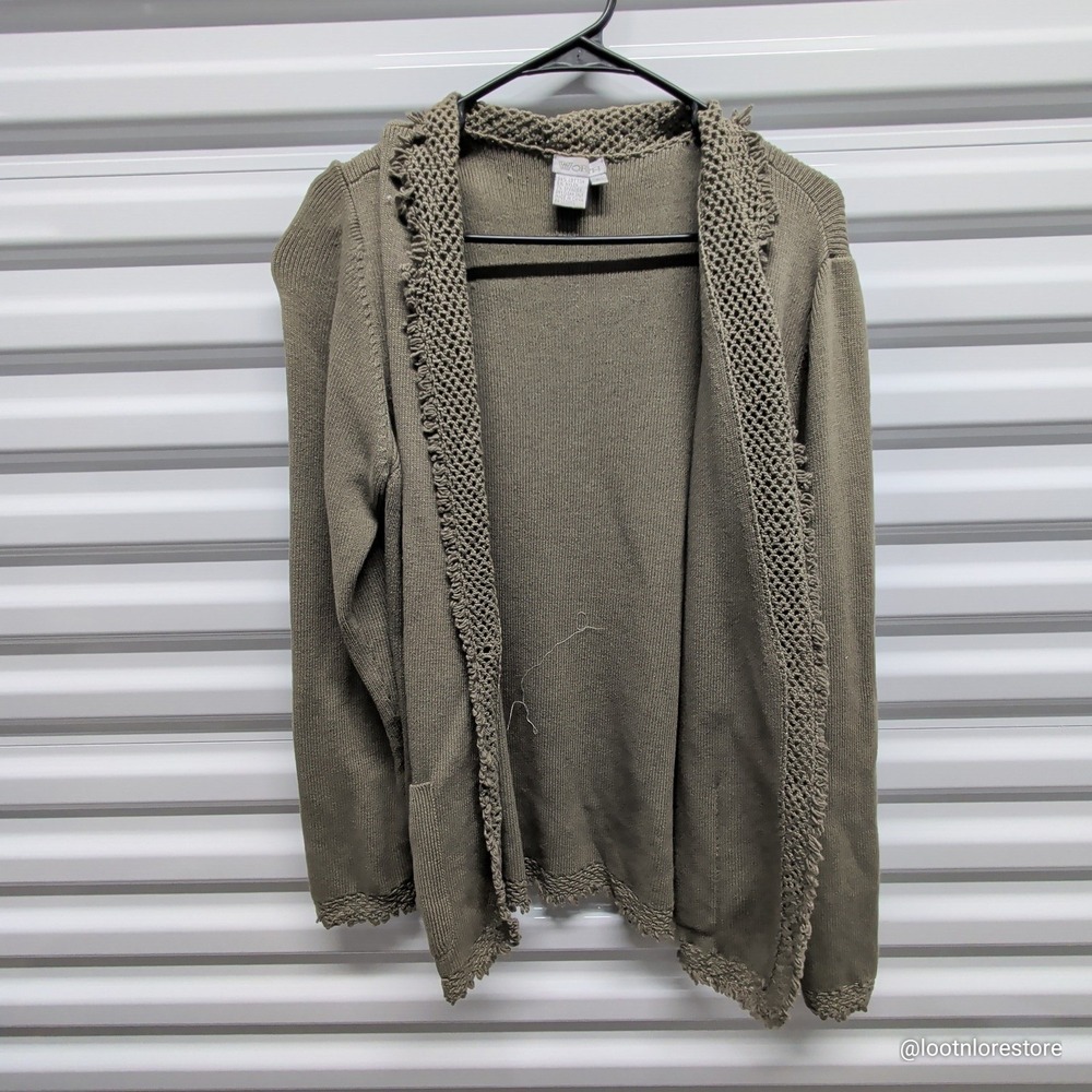 Worth New York Cardigan Sweater Womens Large Green Cotton Blend Crochet Trim L